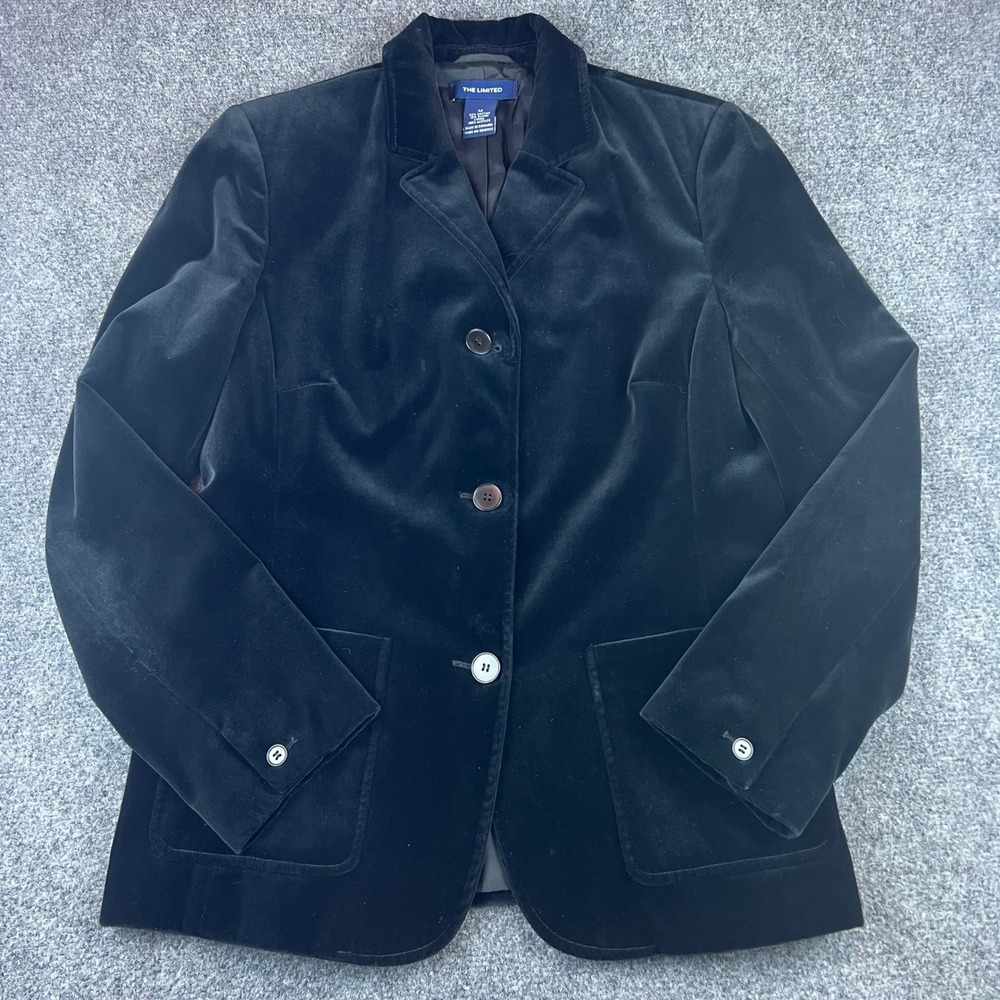 The Limited Black Velvet Blazer Jacket Three Button Patch Pockets M Goth Office